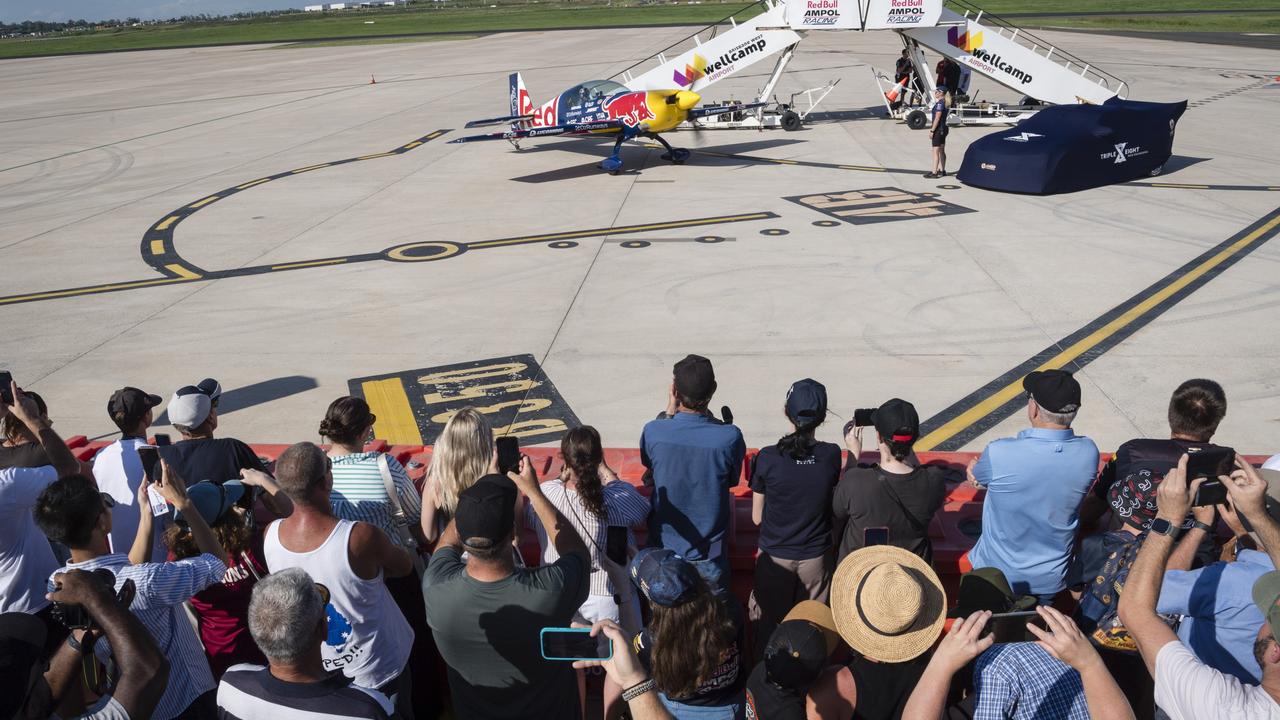 Red Bull pilot Matt Hall about to take to the sky as V8 Supercars team Red Bull Ampol Racing launch their 2024 livery at Toowoomba Wellcamp Airport, Saturday, February 3, 2024. Picture: Kevin Farmer