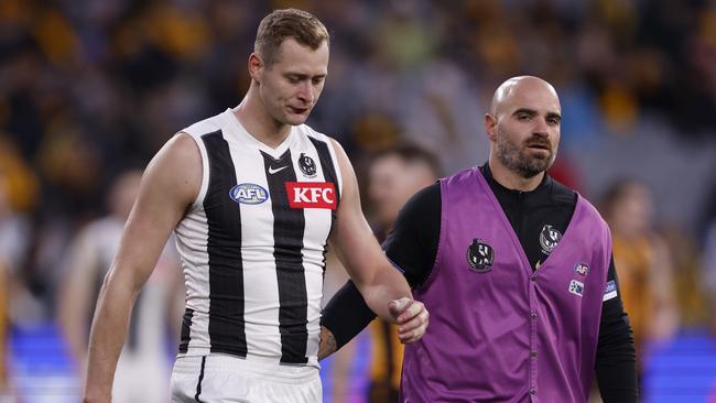 Shoulder and ankle injuries along with concussions hampered Nathan Kreuger through his three seasons at Collingwood after he played two games for Geelong in 2021. Picture: Darrian Traynor / Getty Images