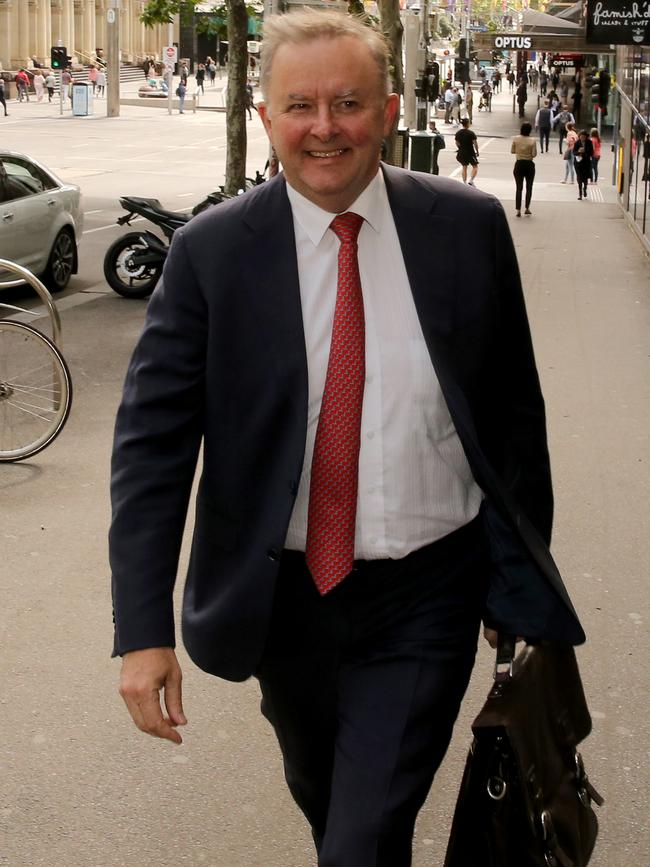 Anthony Albanese arrives to receive the ALP review. Picture: Stuart McEvoy