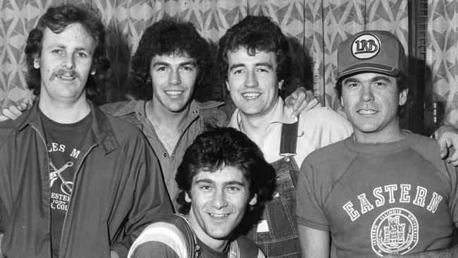 Five of the six members of Australian pop group Little River Band (l-r) David Briggs, Beeb Birtles, George McArdle, Glenn Shorrock and Derek Pellicci (front) in Adelaide, November 3, 1977.