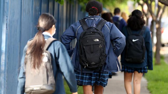 Woodville High School students walk to its St Clair campus. Picture: Kelly Barnes