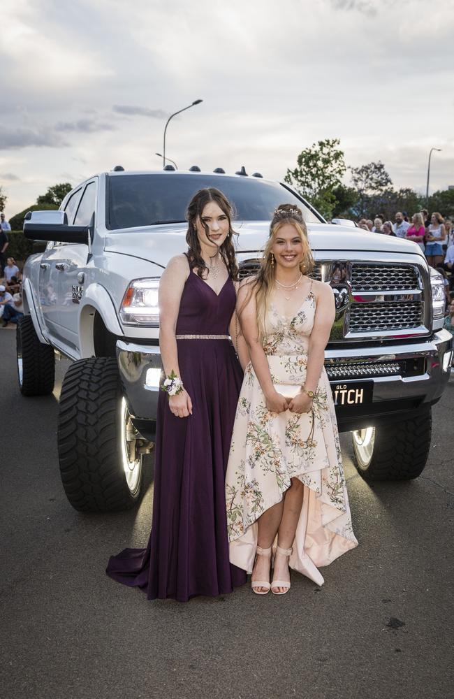 Kellie Schroeder (left) and Jessie Stoffel at Harristown State High School formal at Highfields Cultural Centre, Friday, November 17, 2023. Picture: Kevin Farmer