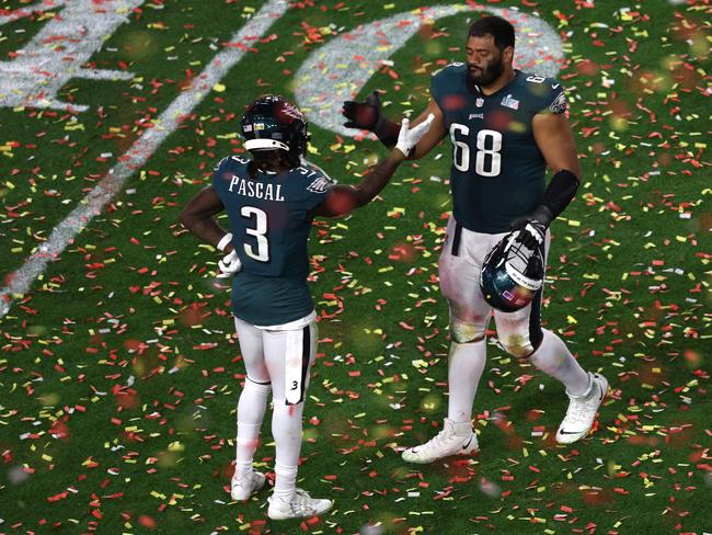 GLENDALE, ARIZONA - FEBRUARY 12: Zach Pascal #3 of the Philadelphia Eagles and Jordan Mailata #68 of the Philadelphia Eagles react after losing to the Kansas City Chiefs in Super Bowl LVII at State Farm Stadium on February 12, 2023 in Glendale, Arizona. (Photo by Rob Carr/Getty Images)