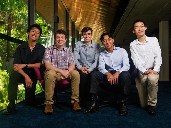 Sydney Grammar School students Felix Lin, Noah Bilski, Tom Collins, Oliver Hoang and David (Fanpu) Guo all achieved a first-in-course award. Picture: Justin Lloyd