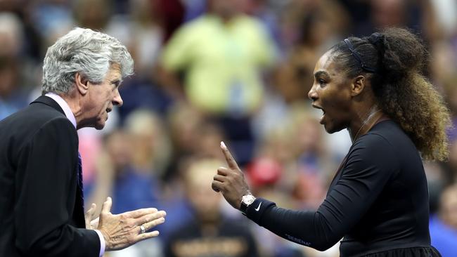 Serena Williams argues with referee Brian Earley during her Women's singles finals match against Naomi Osaka at the US Open.