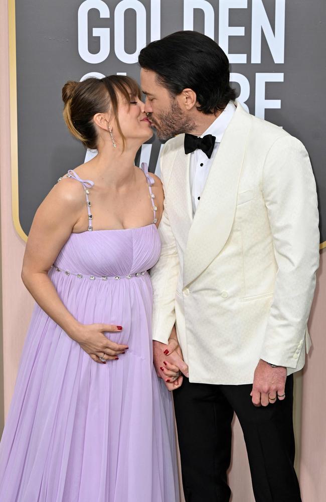 US actress Kaley Cuoco and US actor Tom Pelphrey arrive for the 80th annual Golden Globe Awards. Picture: AFP