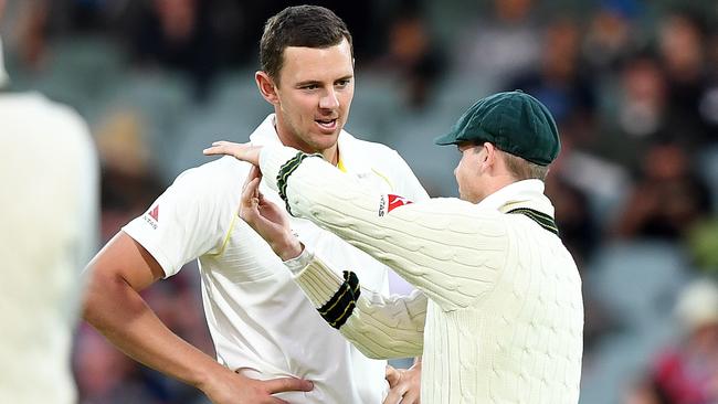 Josh Hazlewood (left) looks on as Australian captain Steve Smith requests a DRS.