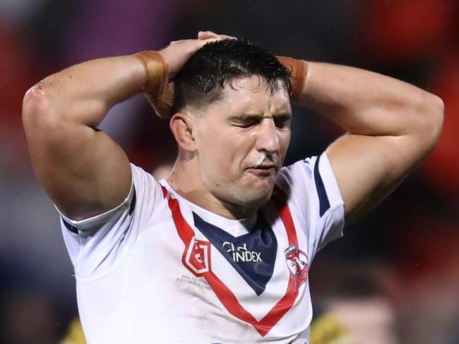 PENRITH, AUSTRALIA - JULY 01: Victor Radley of the Roosters reacts during the round 16 NRL match between the Penrith Panthers and the Sydney Roosters at BlueBet Stadium on July 01, 2022 in Penrith, Australia. (Photo by Jason McCawley/Getty Images)