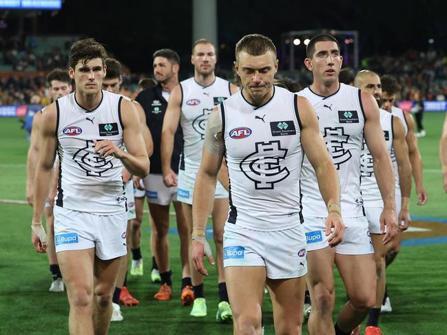 ADELAIDE - APRIL 13: Patrick Cripps of the Blues after their loss during the 2023 AFL Round 05 match between the Adelaide Crows and the Carlton Blues at Adelaide Oval on April 13, 2023 in Adelaide, Australia. (Photo by James Elsby/AFL Photos via Getty Images)