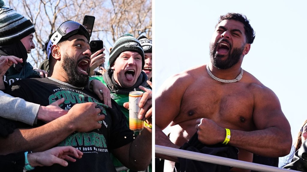 Jordan Mailata celebrates Super Bowl success. Image: Getty