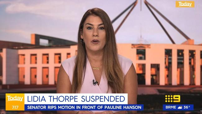 Pauline Hanson has warned Senator Lidia Thorpe (pictured) and Channel 9’s Today show of defamation after Thorpe called her “a convicted racist” on air, stating that such a claim is false and demands an apology. Picture: Nine/ Today Show