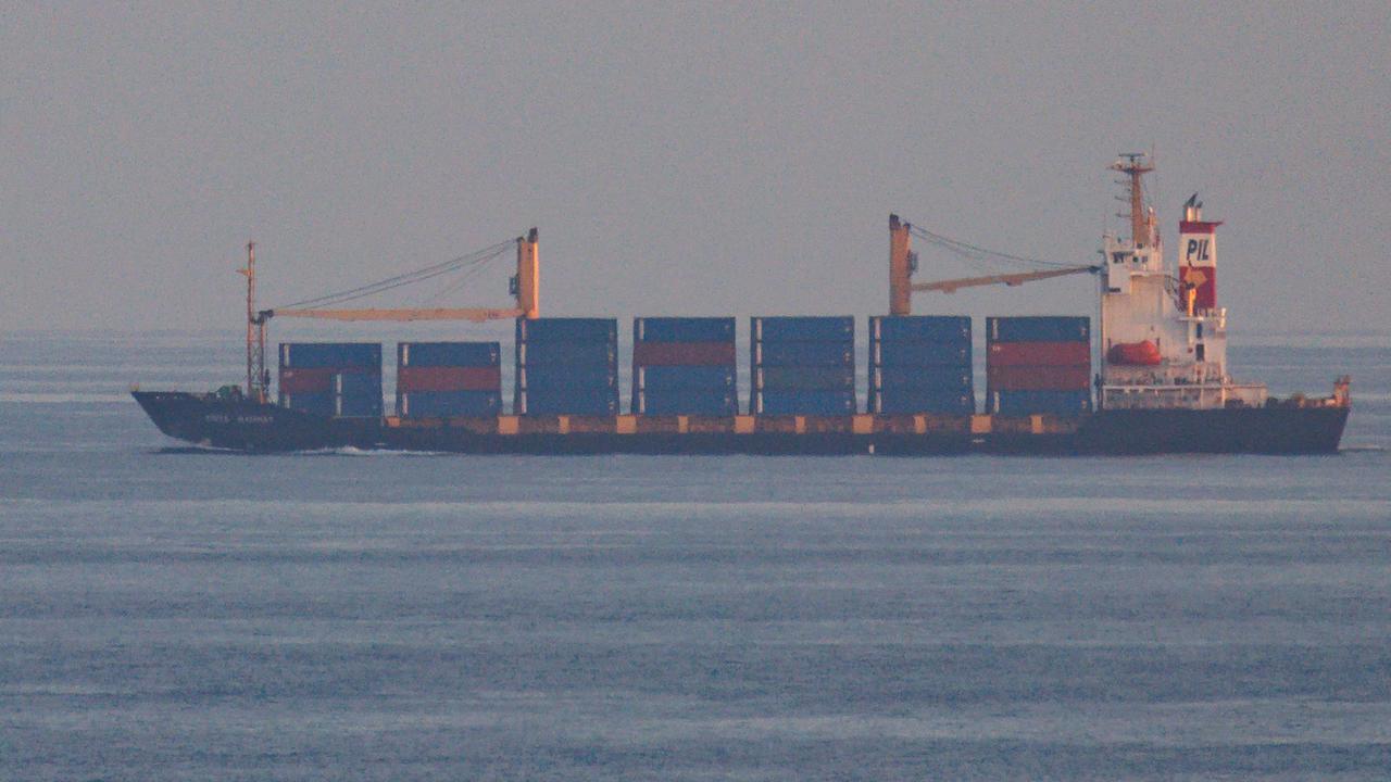 The container ship, Kota Rahmat as Houthi rebel groups attack commercial ships in protest of the conflict in Gaza, forcing more shipping companies to divert around the Horn of Africa, up-ending supply chains and increasing costs. Photo: Getty Images.