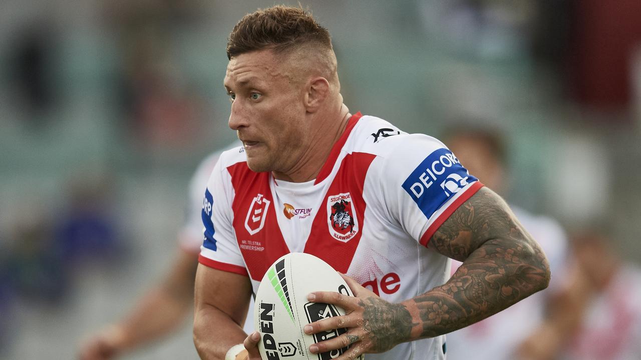 WOLLONGONG, AUSTRALIA - JULY 18: Tariq Sims of the Dragons runs the ball during the round 10 NRL match between the St George Illawarra Dragons and the Canterbury Bulldogs at WIN Stadium on July 18, 2020 in Wollongong, Australia. (Photo by Brett Hemmings/Getty Images)