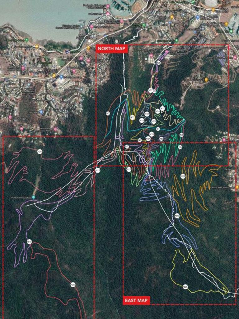 Overview map prepared by Dirt Art of proposed mountain bike trails in Airlie Beach as part of the Whitsunday Trails Concept Plan. Photo: Dirt Art