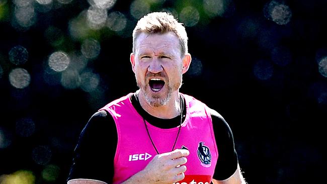 Nathan Buckley barks out the instructions during Collingwood training on Wednesday. Picture: Getty Images