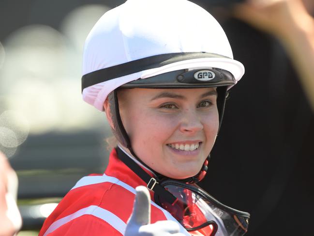 Jockey Winona Costin rides Our Rosemaree to victory in race 3, the TAB Highway Handicap, during the Rosehill Gardens Christmas Race Day at Rosehill Racecourse in Sydney, Saturday, December 8, 2018. (AAP Image/Simon Bullard) NO ARCHIVING, EDITORIAL USE ONLY