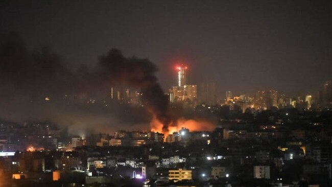 Fire rises from the site of an Israeli airstrike that targeted Beirut’s southern suburbs on November 7. Picture: Fadel Itani/AFP/Getty Images