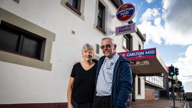 Leanne and Leighton Cox at the front of the Land of Promise, Adelaide's last suburban topless bar. Picture: Tom Huntley