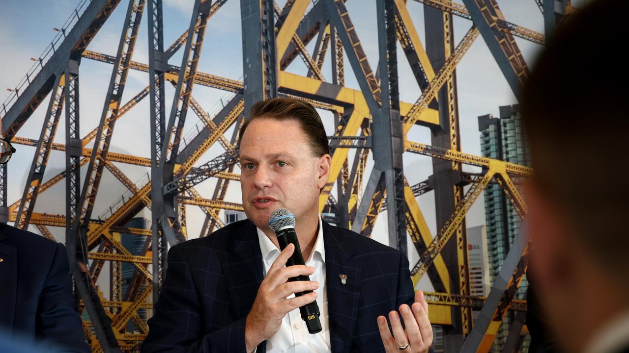 Lord Mayor Adrian Schrinner at a press conference on the Story Bridge. Picture David Clark