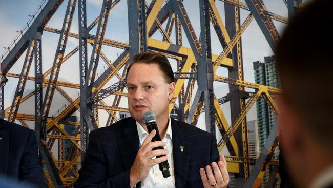 Lord Mayor Adrian Schrinner at a press conference on the Story Bridge. Picture David Clark