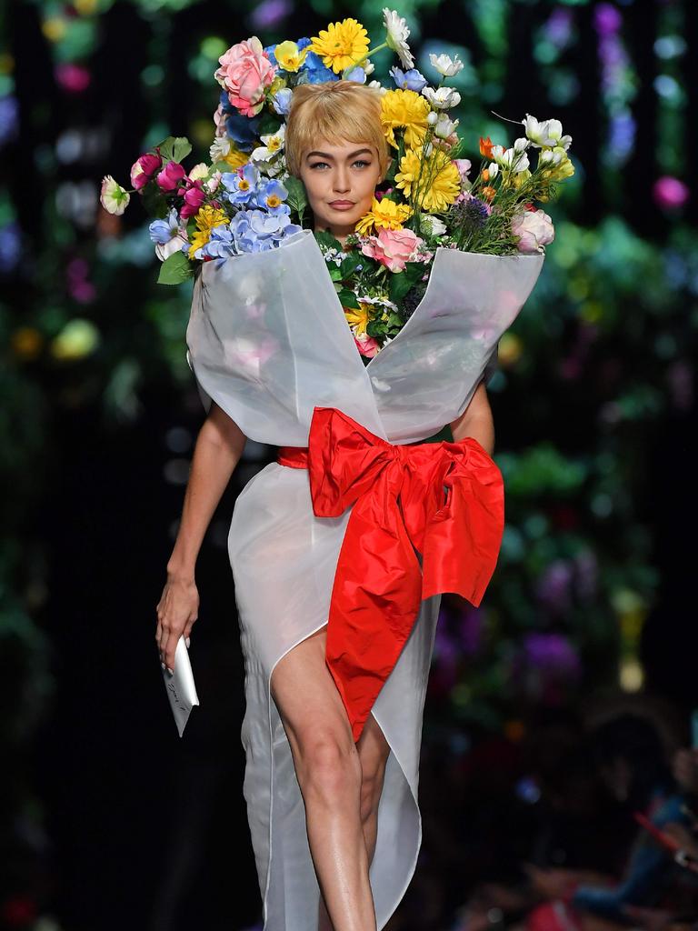 Model Gigi Hadid presents a creation for fashion house Moschino during the Women’s Spring/Summer 2018 fashion shows in Milan, on September 21, 2017. Picture: AFP