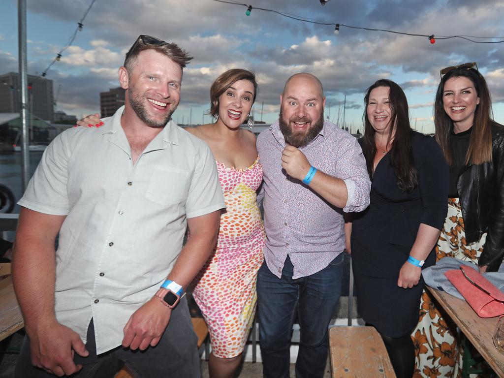 Michael Fuglsang, Liz Crane, Alex Johnston, Shelley Woodruff, Kerry Turner enjoying the NYE party at the 2019 Taste of Tasmania. Picture: LUKE BOWDEN