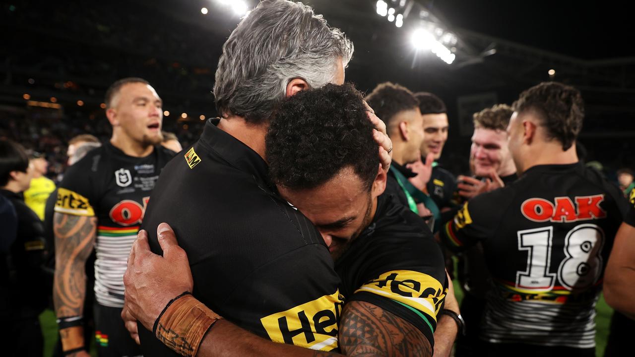 SYDNEY, AUSTRALIA - OCTOBER 02: Panthers coach Ivan Cleary and Apisai Koroisau of the Panthers embrace as they celebrate victory during the 2022 NRL Grand Final match between the Penrith Panthers and the Parramatta Eels at Accor Stadium on October 02, 2022, in Sydney, Australia. (Photo by Mark Kolbe/Getty Images)