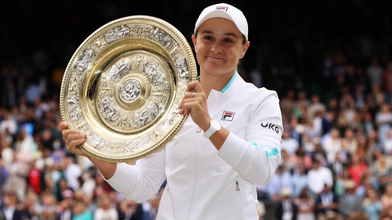 A special moment with the Venus Rosewater Dish after her victory in the Wimbledon final. Picture: Getty Images