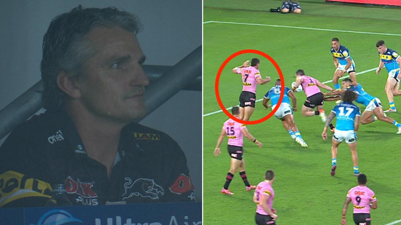 Nathan Cleary reacts to Dylan Edwards' no-try.