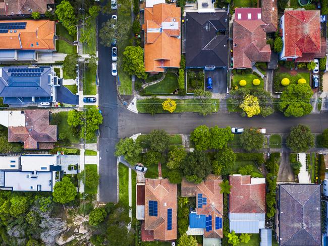 Aerial view of Suburban roof tops directly above