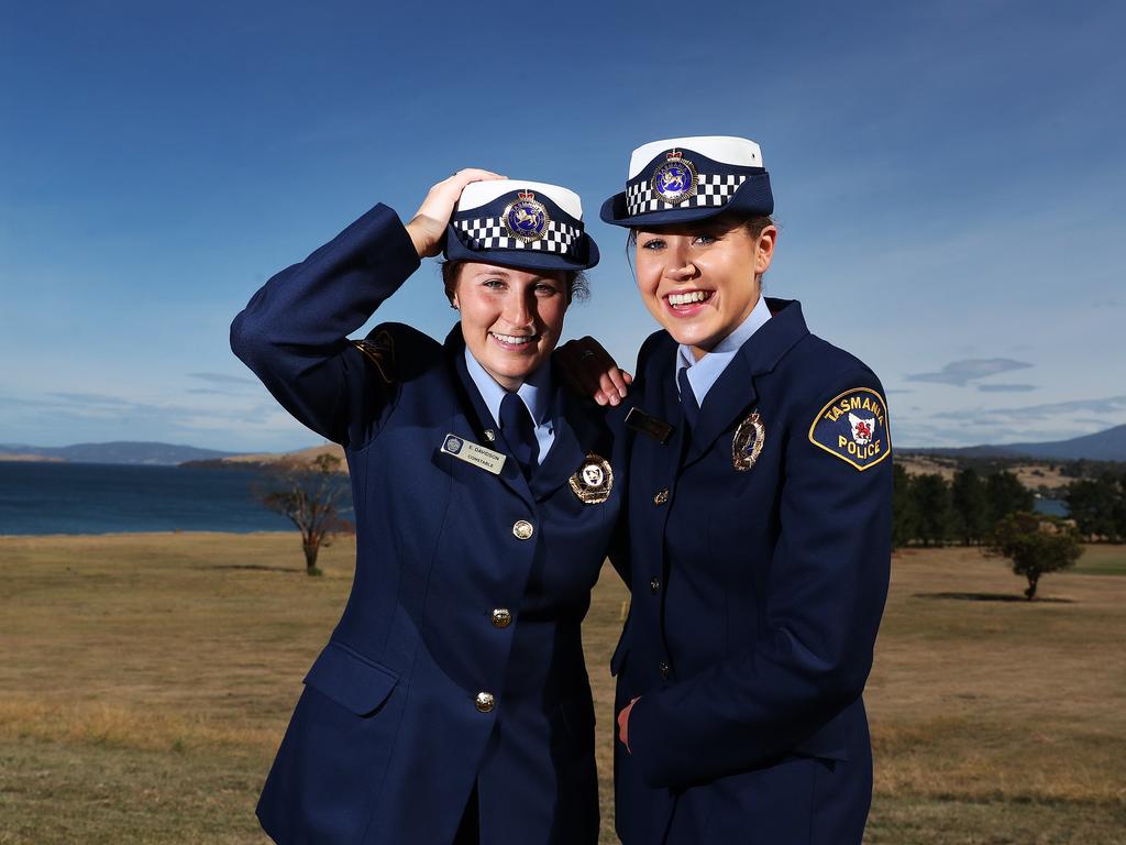 Constable Ellie Davidson who was dux and Constable Sophie Malone runner-up dux who will both be based in Launceston pictured at their graduation ceremony. Picture: NIKKI DAVIS-JONES