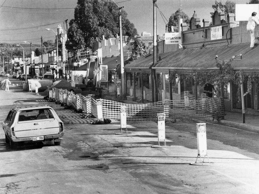 Roadworks in front of shops in King William Rd, Hyde Park, on April 16, 1985. Source: File