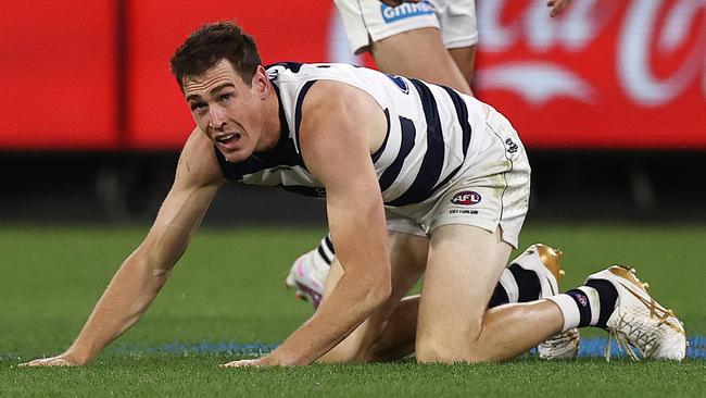 Jeremy Cameron on hands and knees after heavy collision in the last quarter. Picture: Michael Klein