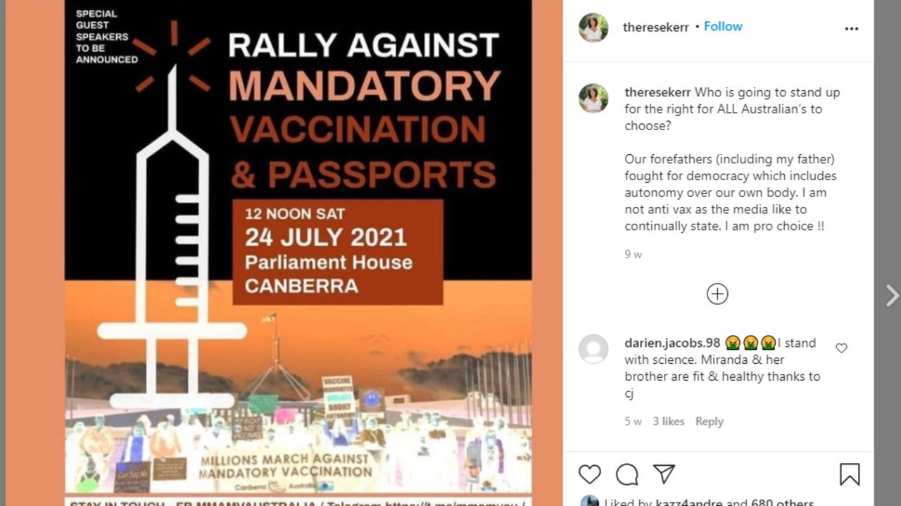 Therese Kerr attended the Newcastle rally against vaccination passports and the jab, citing her father’s war record as the reason she promoted freedom. Picture: Instagram/Therese Kerr