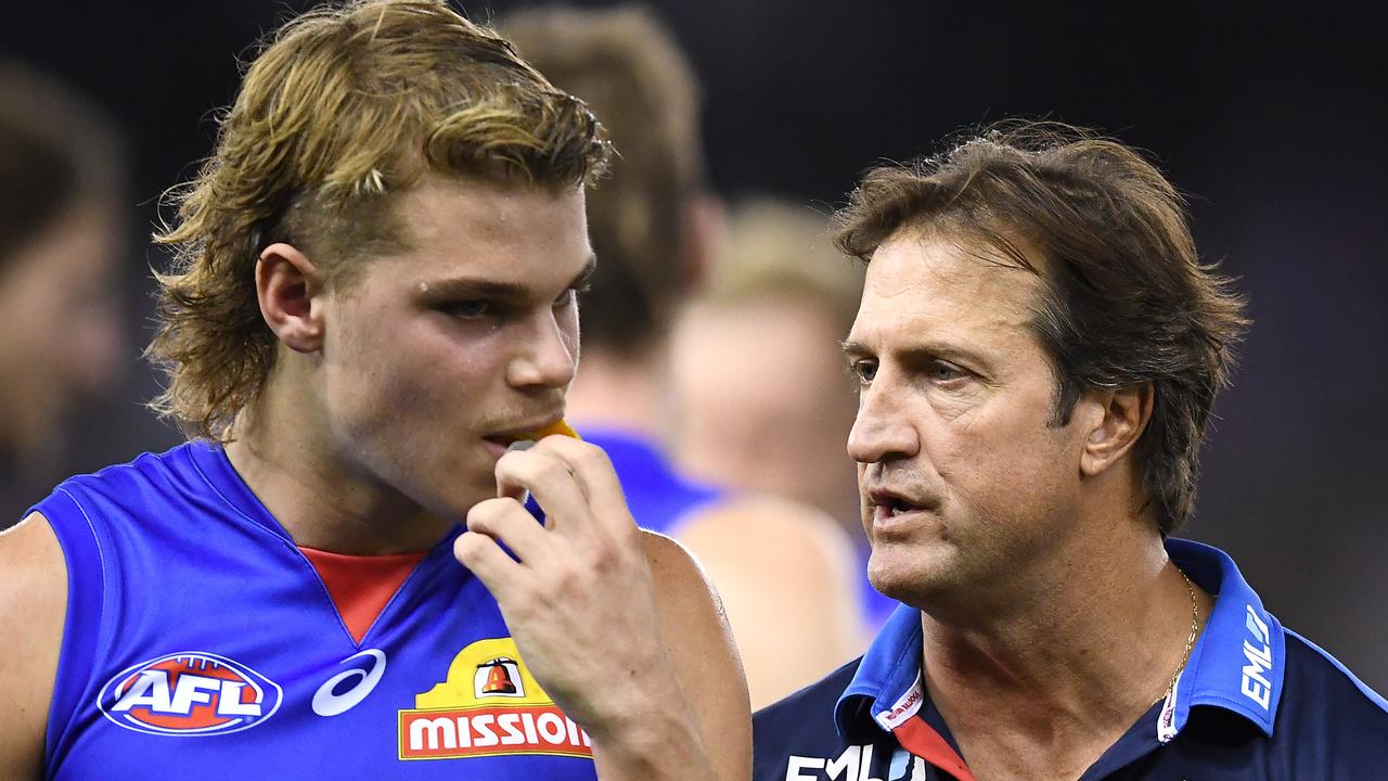 Bulldogs coach Luke Beveridge says Bailey Smith (left) has been managed carefully on his return from an ACL injury ‘to ensure he has a bright future in the game’. Picture: Quinn Rooney / Getty Images