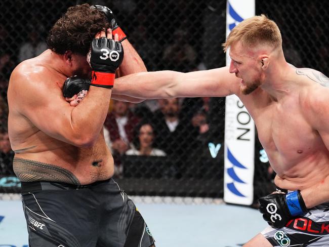 Volkov lands one on Tuivasa. Picture: Chris Unger/Zuffa LLC/Getty Images