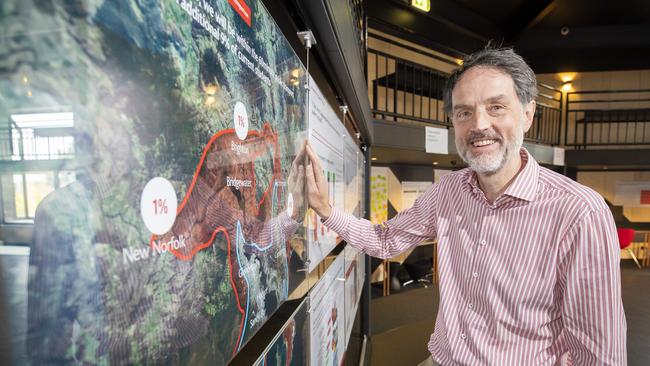 University of Tasmania Vice-Chancellor Rufus Black with plans around the UTAS move into Hobart CBD. Picture: RICHARD JUPE