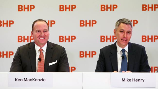 The Canadians at the helm of BHP - chairman Ken MacKenzie and CEO Mike Henry. Picture: Aaron Francis/The Australian