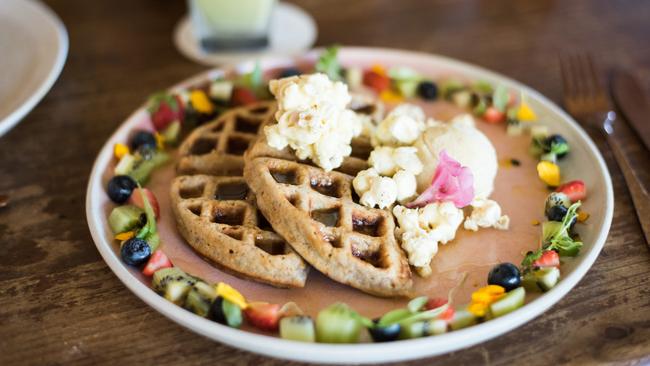 The delicious vegan waffles at The Sweet Meadow, 650 High Street, Echuca.