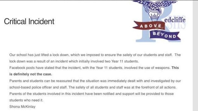 Communication sent to Redcliffe State High School parents after the lockdown.