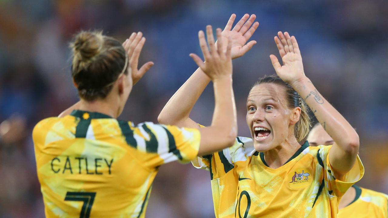 Matildas veteran Emily Van Egmond scored and assisted with her head in front of her hometown Newcastle fans/
