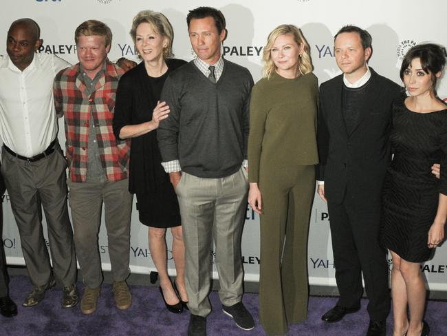 Some of the cast of Fargo including Bokeem Woodbine, Jesse Plemons, Jean Smart, Jeffrey Donovan, Kirsten Dunst, Noah Hawley and Cristin Milioti. Picture: Splash