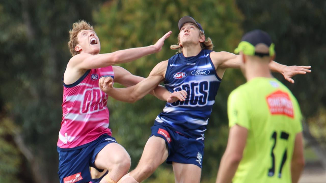 Toby Conway and Rhys Stanley are competing for the number one ruck spot. Picture: Geelong Cats