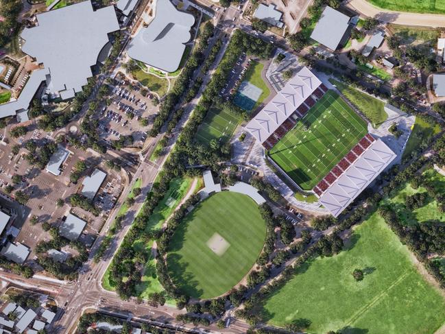 Digital Render of the Penrith Stadium Redevelopment. Supplied by Infrastructure NSW.