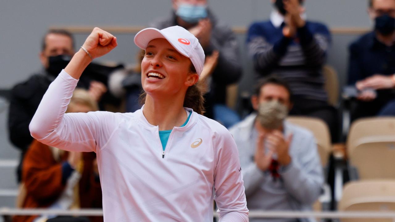 Poland's Iga Swiatek celebrates after winning against Argentina's Nadia Podoroska