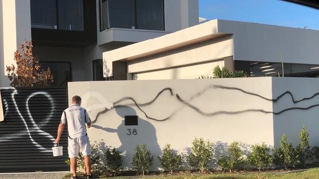 A Broadbeach Waters home constructed by AB Hill was sprayed with graffiti this week. Photo: Supplied