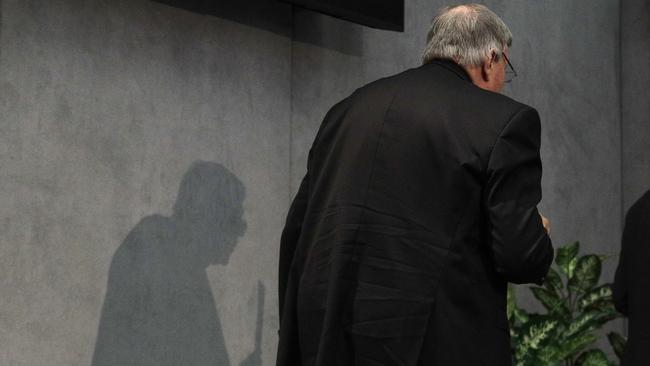 George Pell exits after meeting the media at the Vatican in June, 2017. Today he was sentenced to six years jail for molesting two choirboys in a Melbourne cathedral more than 20 years ago. Picture: Gregorio Borgia/AP