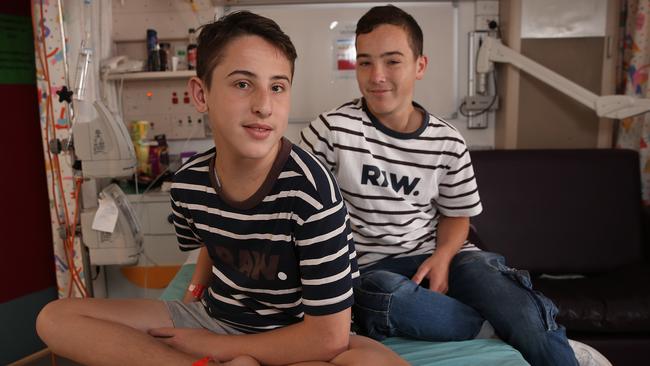 Twin brothers Lleyton (left) and Connor Giles at The Children’s Hospital, Westmead, where Lleyton has spent countless time having treatment. Picture: Sam Ruttyn