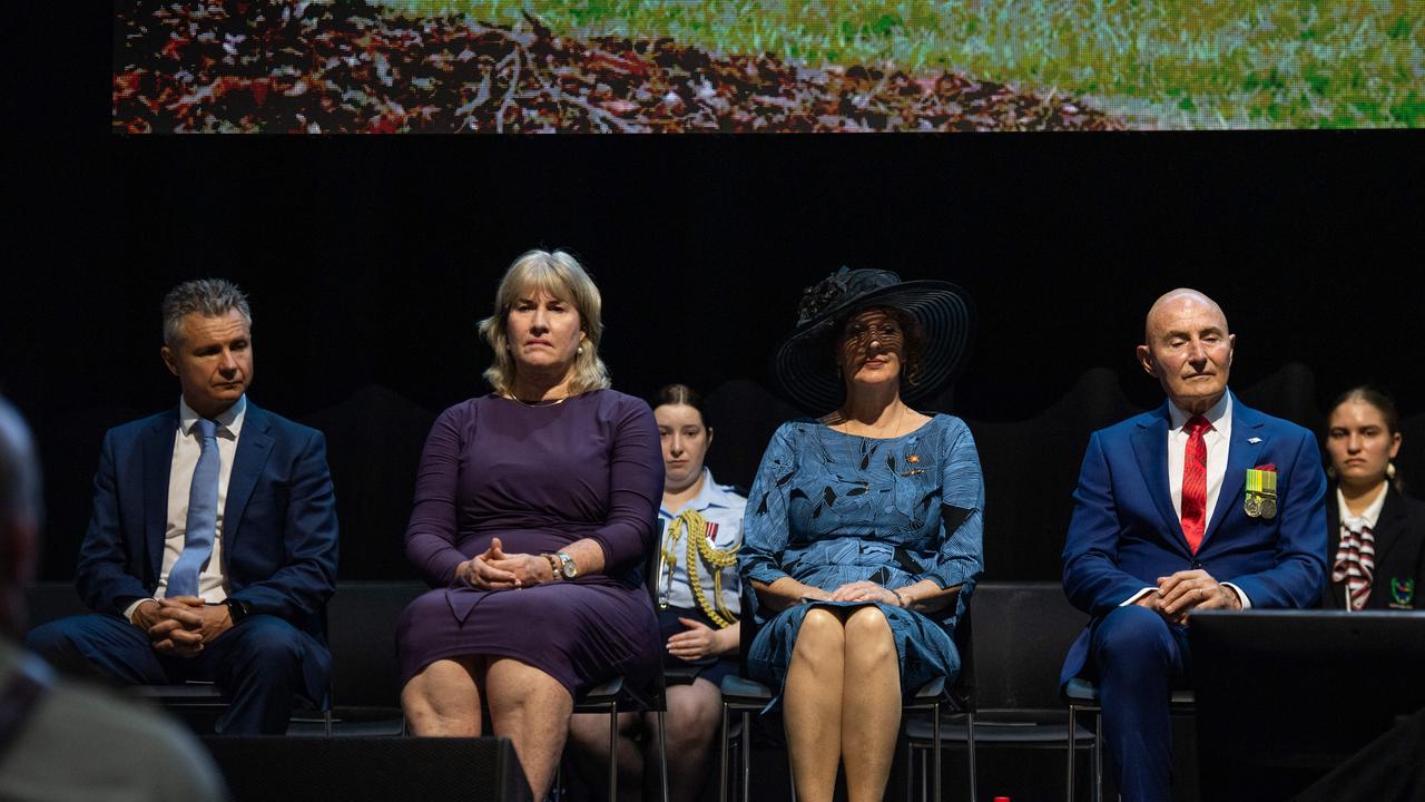 Assistant Minister for Defence Matt Thistlethwaite, Chief Minister Eva Lawler, Ms Ruth Eirwen Jones and His Honour Professor the Honourable Hugh Heggie AO PSM as the Top End community gathered at the Darwin Convention Centre to commemorate the Bombing of Darwin. Picture: Pema Tamang Pakhrin