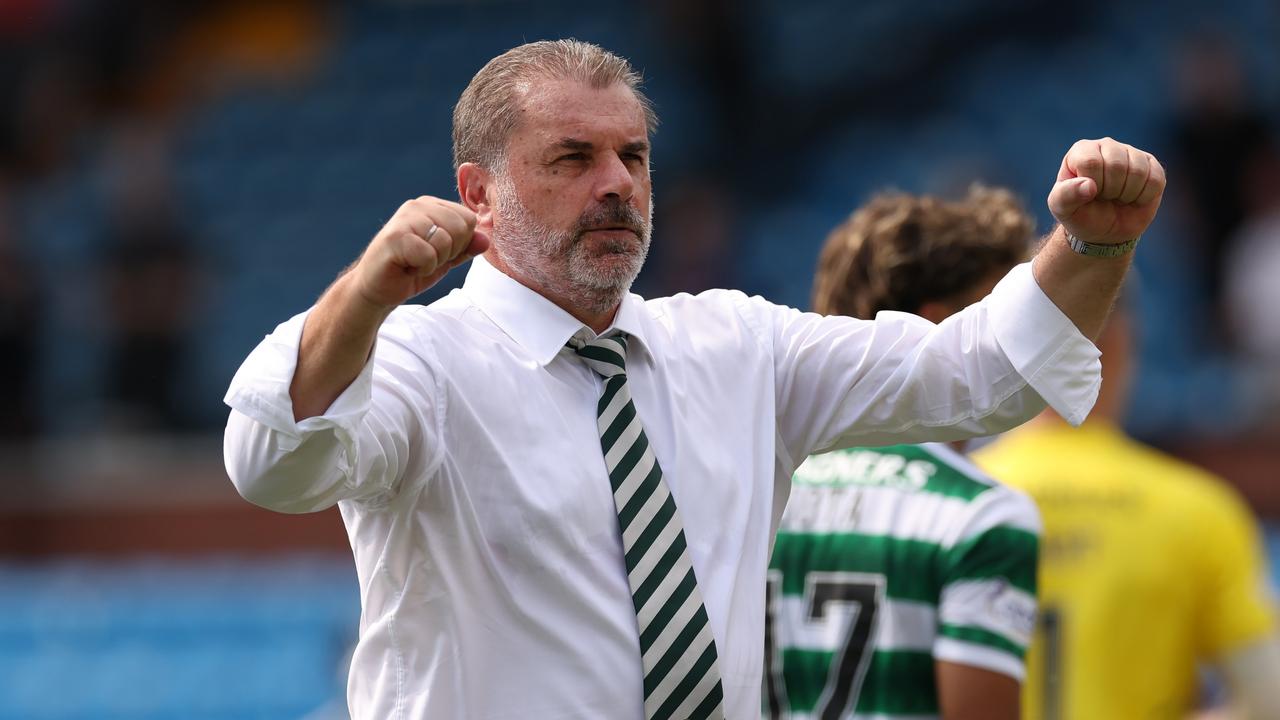 KILMARNOCK, SCOTLAND - AUGUST 14: Celtic manager Ange Postecoglou celebrates at the end of the game during the Cinch Scottish Premiership match between Kilmarnock FC and Celtic FC at on August 14, 2022 in Kilmarnock, Scotland. (Photo by Ian MacNicol/Getty Images)